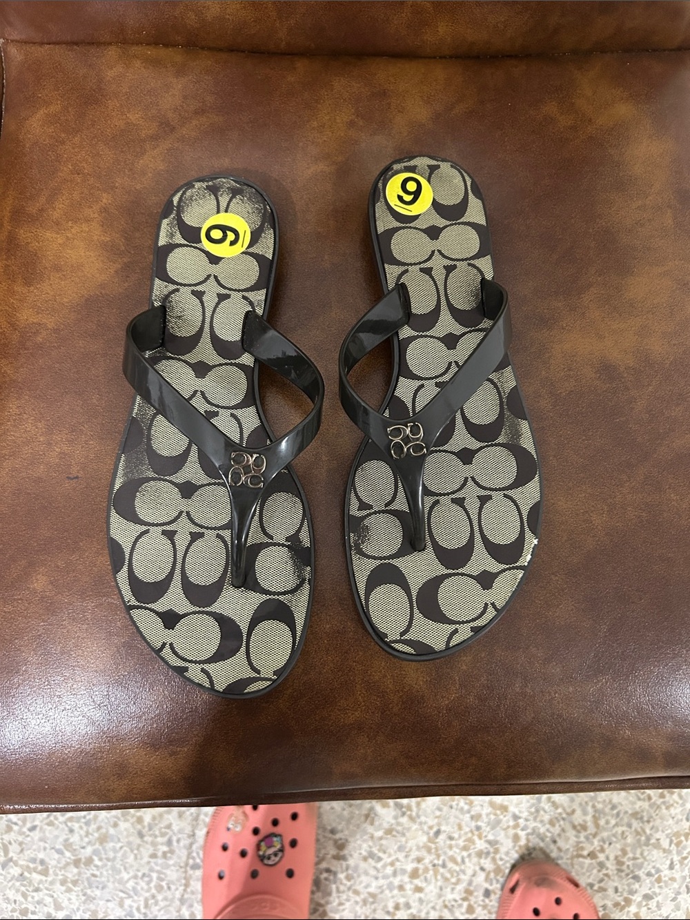 Coach Signature Canvas Flip Flop Sandals in Black and Beige - Picture 1 of 5